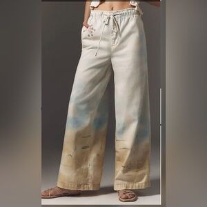 Pilcro - Canvas Wide-Leg Pants with ocean  Scene and flower vines!